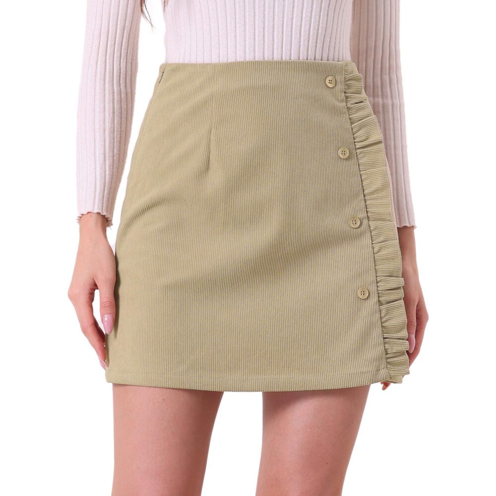 6053 Corduroy Vintage Button Decor Ruffled Trim High Waist Short Skirt - Picture 1 of 5